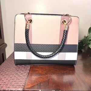 Brown, Beige and White Fashion Handbag with Black Stripes